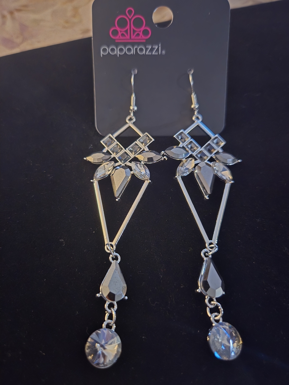 paparazzi Silver Geometric Crystal Drop Earrings